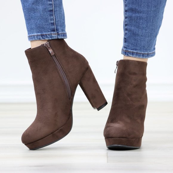Brown Platform Suede Ankle Booties Block Heeled Boots - Picture 11 of 12